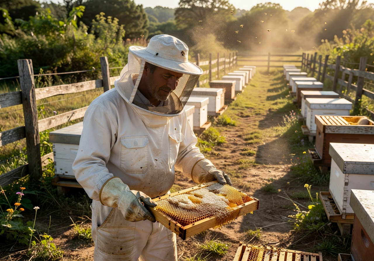Beekeeper inspecting honeycomb frames in a sunlit apiary