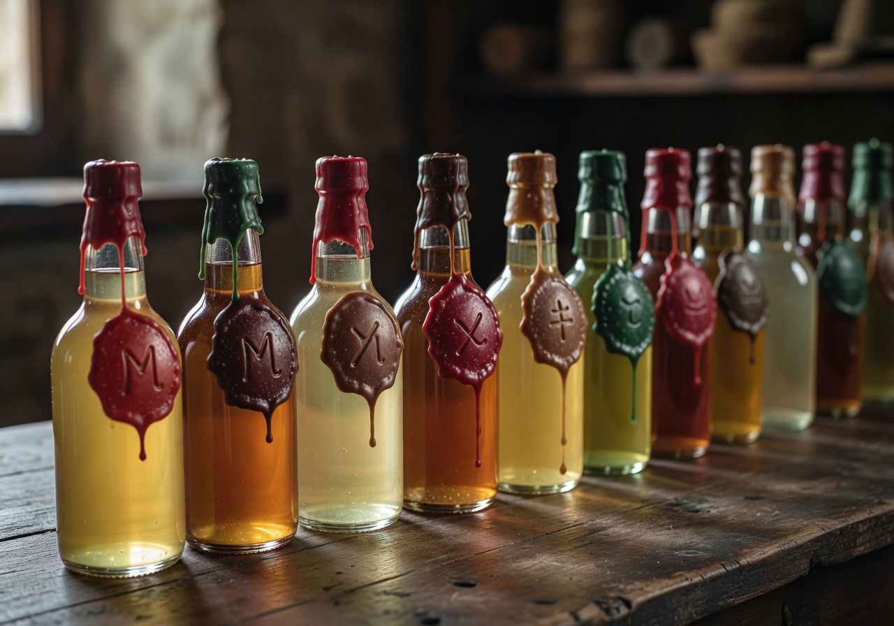 Bottles of mead lined up with handwritten wax seals