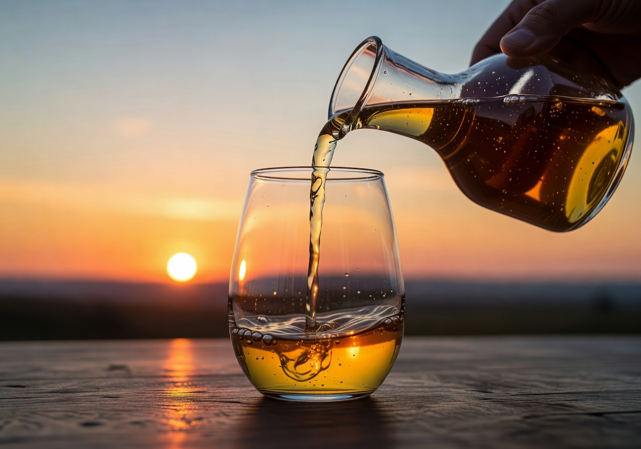 Golden honey wine being poured into a tasting glass at sunset