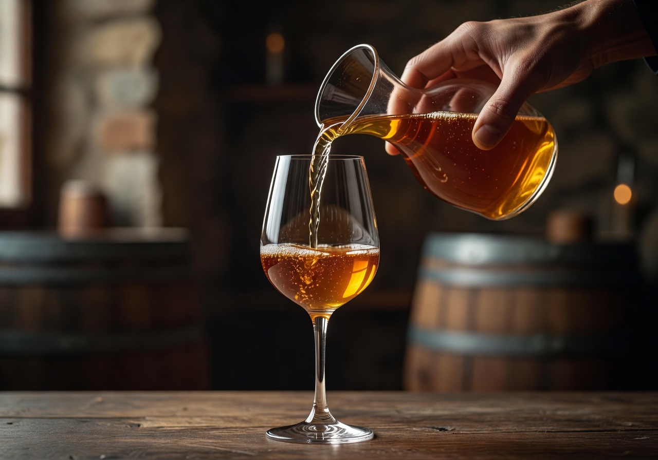 Hand pouring amber mead into a stemmed tasting glass