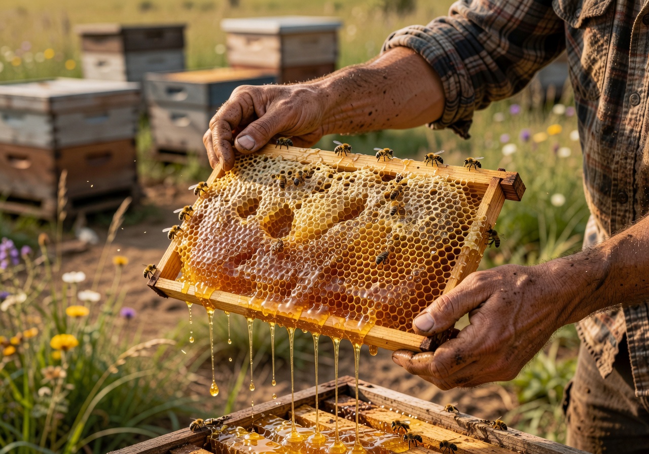 Hands holding a honeycomb frame heavy with golden honey