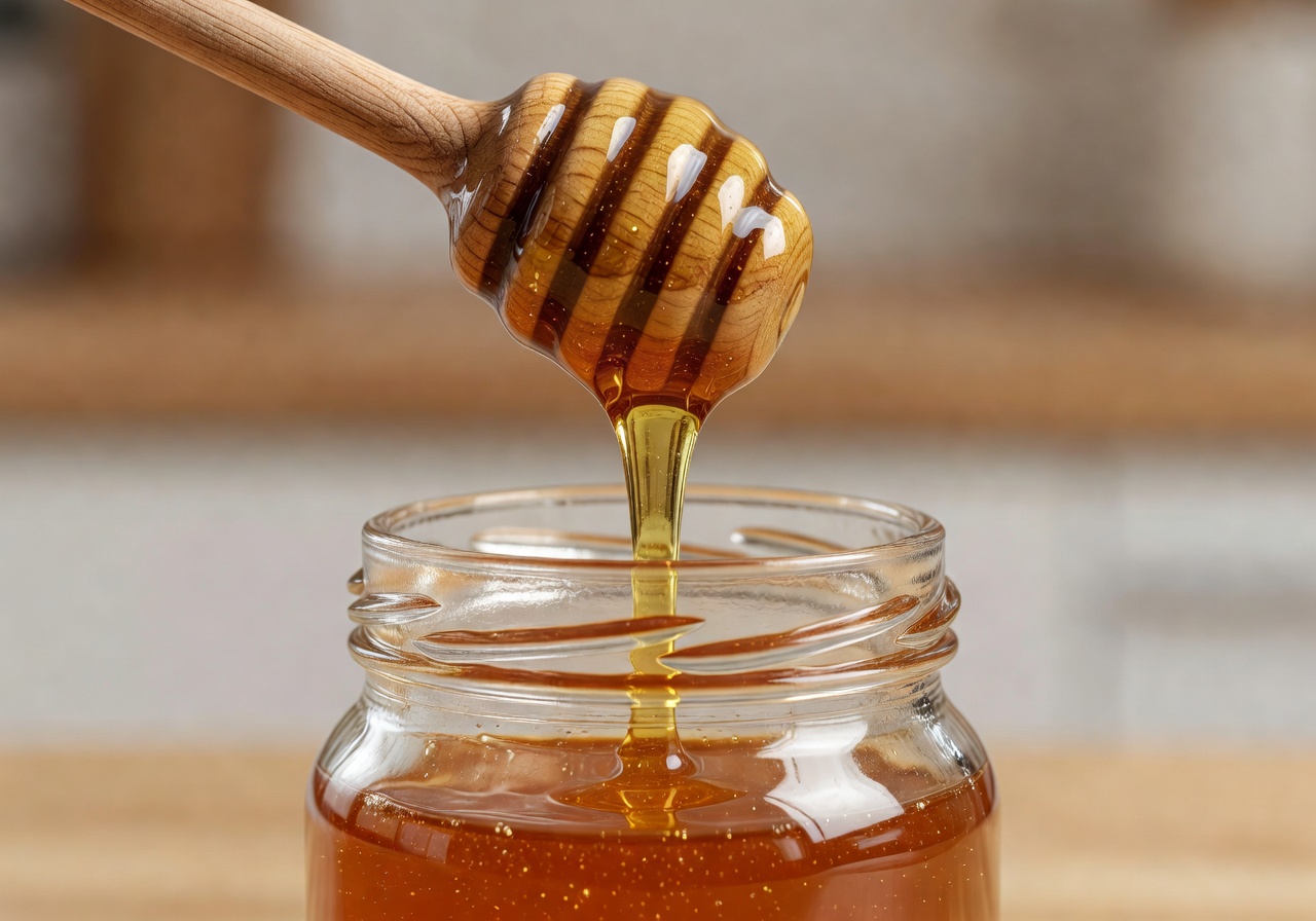 Honey dripping from a wooden dipper into a glass jar
