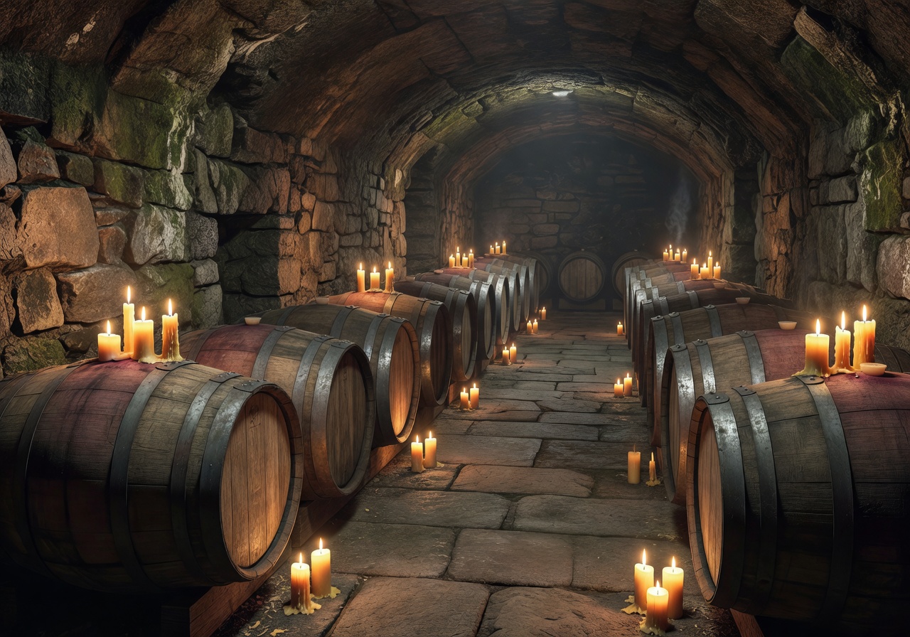 Oak barrels resting in a candlelit cellar