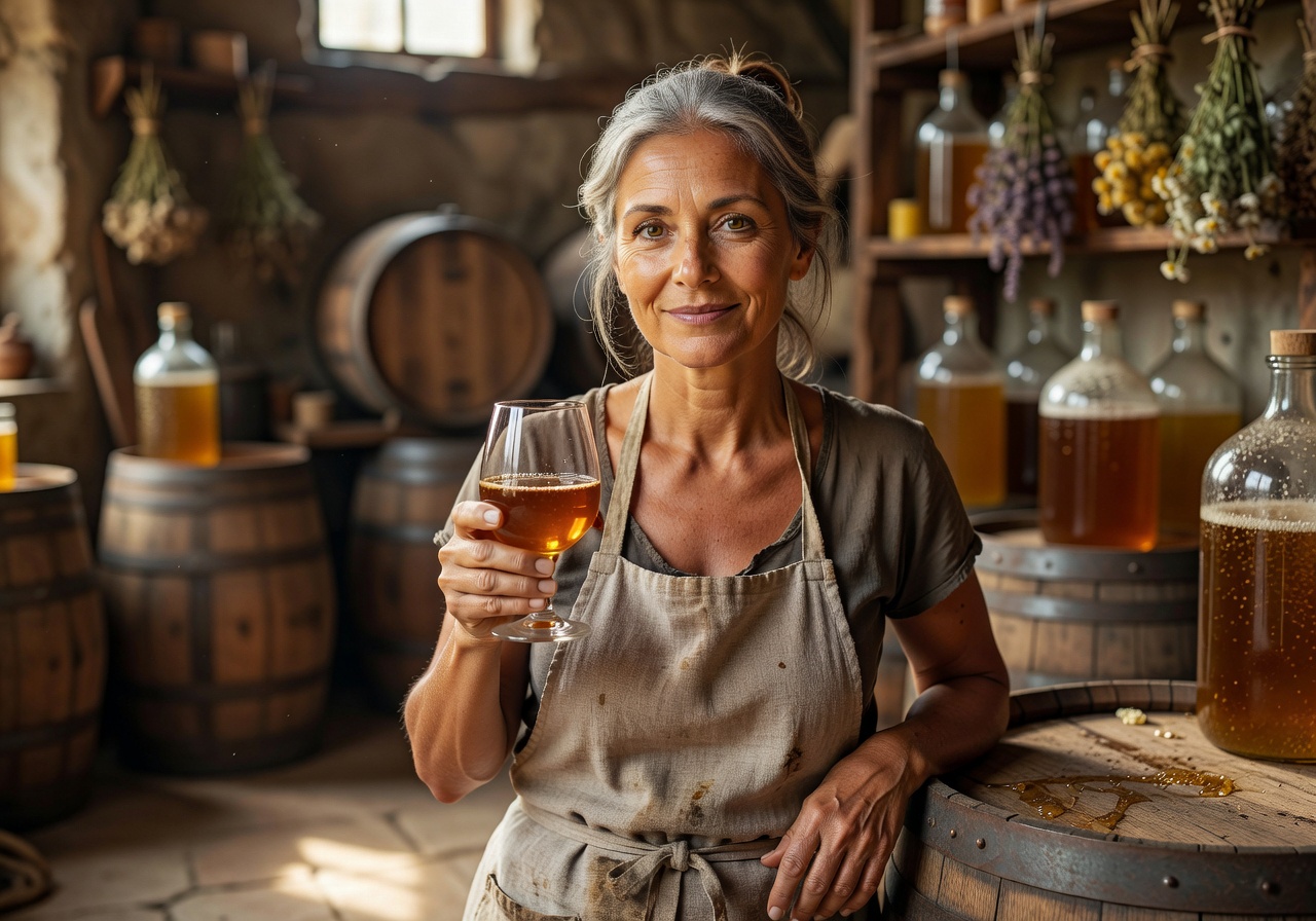 Portrait of Inez, founding meadmaker, holding a tasting glass