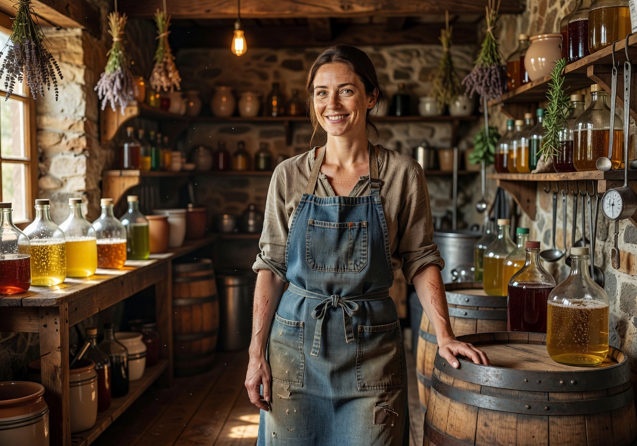 Portrait of Margot, founding meadmaker, smiling in a denim apron