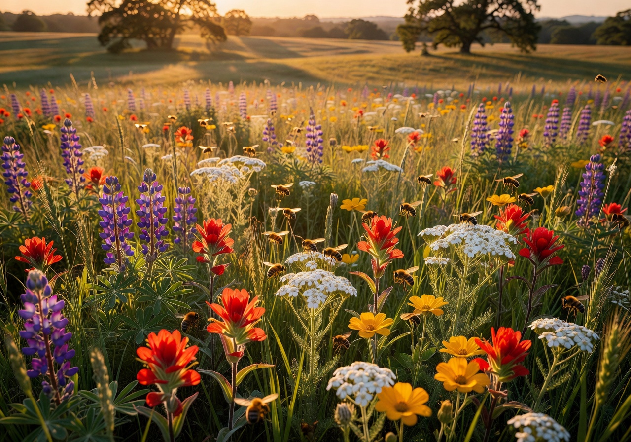 Wildflower meadow with bees in golden hour light